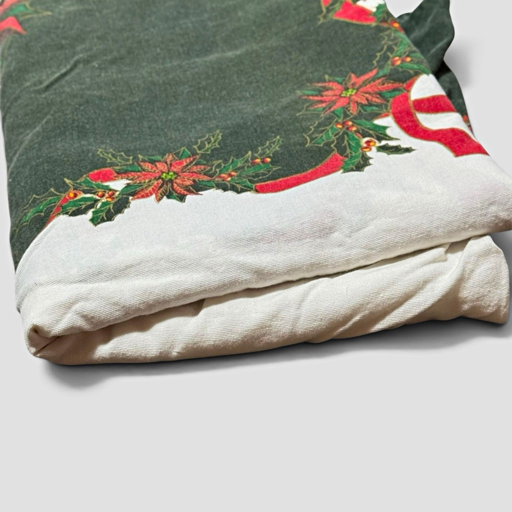 Vtg Christmas Tablecloth 81x57 Rectangle Poinsettia Holly Ribbon Cottagecore 80s